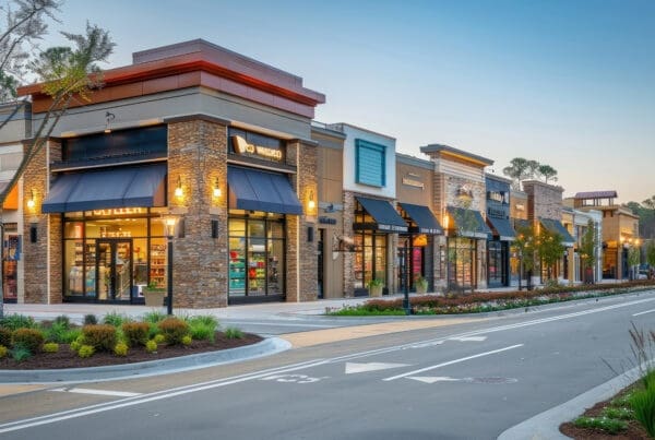 Business Insurance - Modern Shopping Center With Brick Facades and Large Windows at Dusk